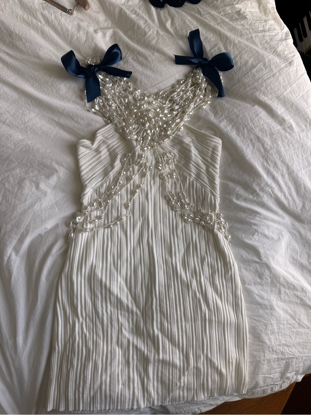 cult gaia OLIVIANA Ivory Pearl-Strand Ribbed Mini Dress - Picture 2 of 6